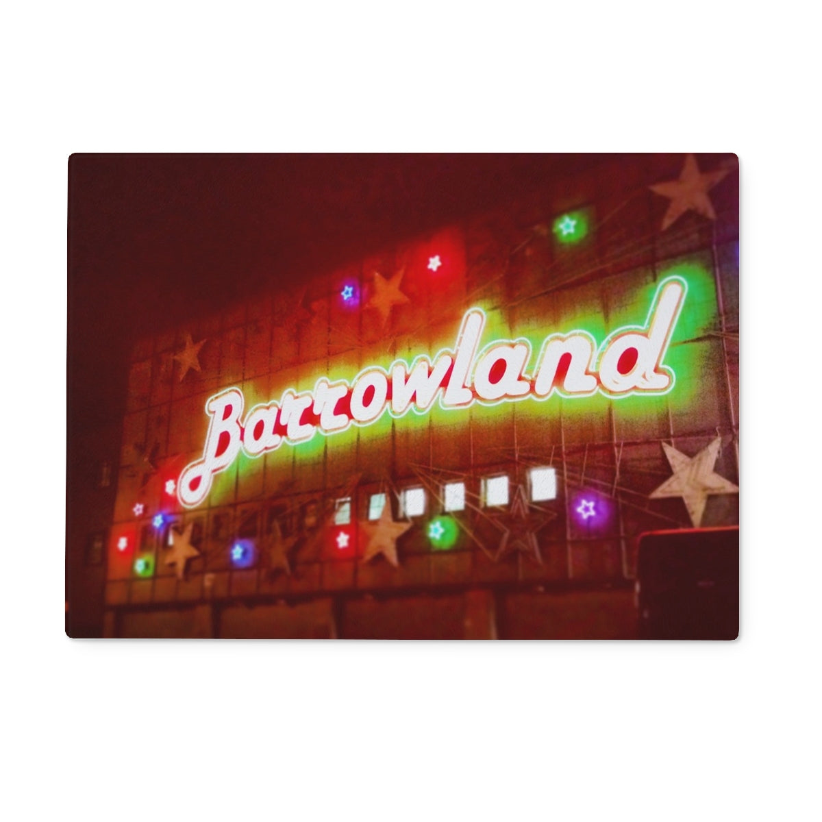 A Neon Glasgow Barrowlands Art Gifts Glass Chopping Board | Edinburgh &amp; Glasgow Art Gallery | Paintings, Prints, Homeware and Art Gifts From Scotland By Scottish Artist Kevin Hunter