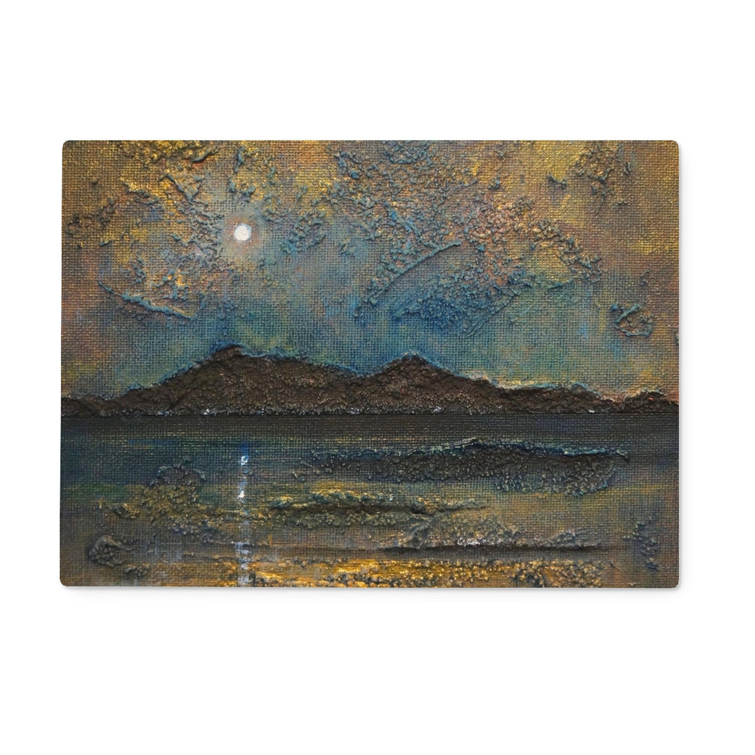 Arran Moonlight Art Gifts Glass Chopping Board | Arran Art Gallery | Paintings, Prints, Homeware and Art Gifts From Scotland By Scottish Artist Kevin Hunter