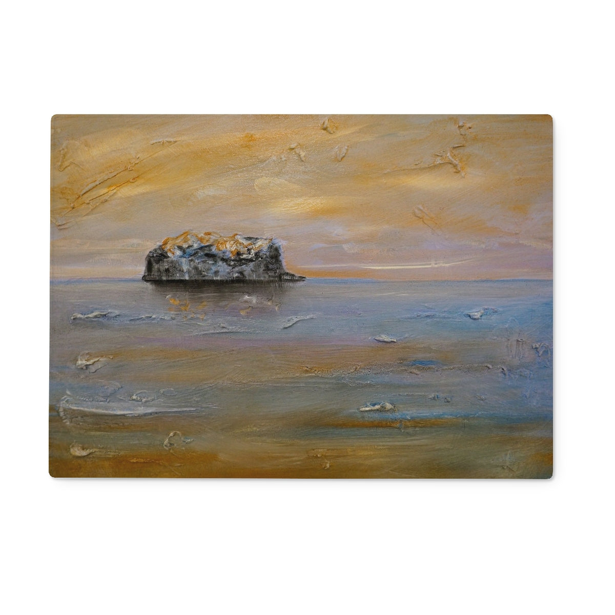 Bass Rock Dawn Art Gifts Glass Chopping Board | Edinburgh & Glasgow Art Gallery | Paintings, Prints, Homeware and Art Gifts From Scotland By Scottish Artist Kevin Hunter