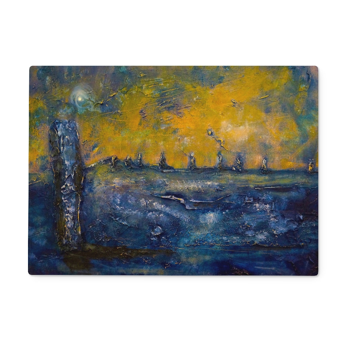 Brodgar Moonlight Orkney Art Gifts Glass Chopping Board | Orkney Art Gallery | Paintings, Prints, Homeware and Art Gifts From Scotland By Scottish Artist Kevin Hunter