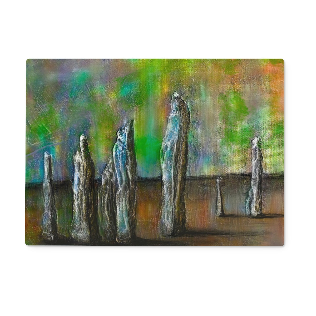 Callanish Northern Lights Art Gifts Glass Chopping Board | Hebridean Islands Art Gallery | Paintings, Prints, Homeware and Art Gifts From Scotland By Scottish Artist Kevin Hunter