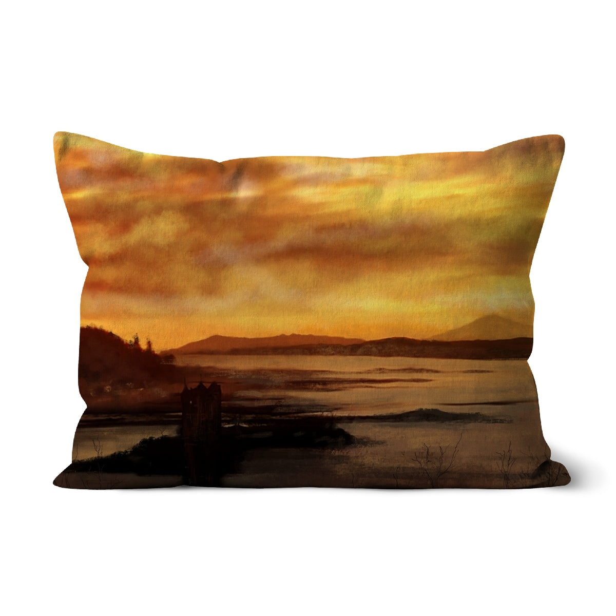 Castle Stalker Dusk Art Gifts Cushion | Historic &amp; Iconic Scotland Art Gallery | Paintings, Prints, Homeware and Art Gifts From Scotland By Scottish Artist Kevin Hunter