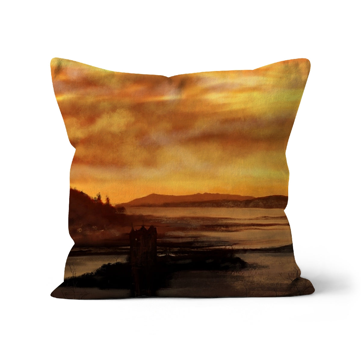 Castle Stalker Dusk Art Gifts Cushion | Historic & Iconic Scotland Art Gallery | Paintings, Prints, Homeware and Art Gifts From Scotland By Scottish Artist Kevin Hunter