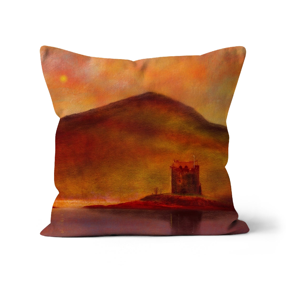 Castle Stalker Sunset Art Gifts Cushion | Historic & Iconic Scotland Art Gallery | Paintings, Prints, Homeware and Art Gifts From Scotland By Scottish Artist Kevin Hunter