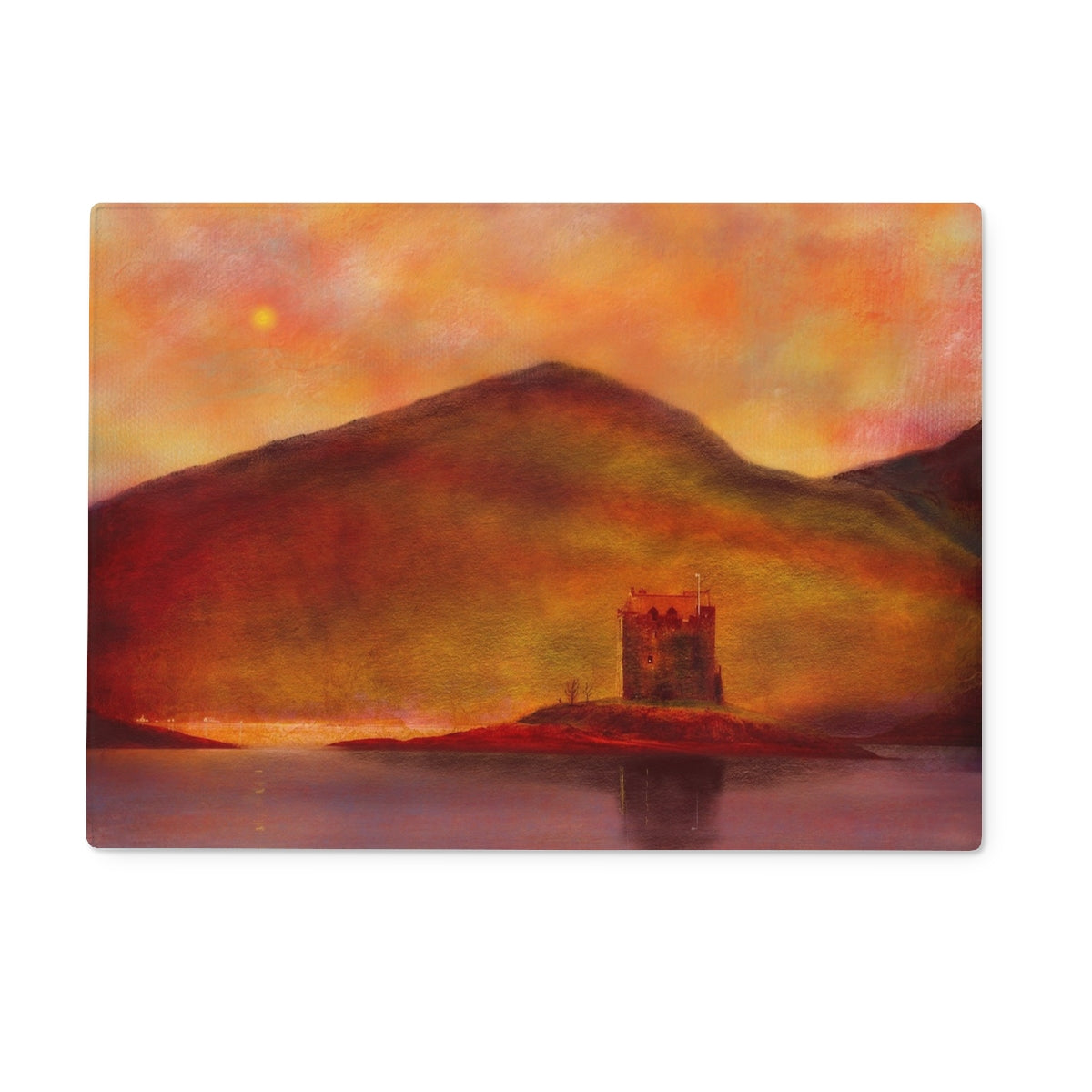 Castle Stalker Sunset Art Gifts Glass Chopping Board | Historic & Iconic Scotland Art Gallery | Paintings, Prints, Homeware and Art Gifts From Scotland By Scottish Artist Kevin Hunter