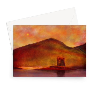 Castle Stalker Sunset Scottish Art Gifts Greeting Card | Historic &amp; Iconic Scotland Art Gallery | Paintings, Prints, Homeware and Art Gifts From Scotland By Scottish Artist Kevin Hunter