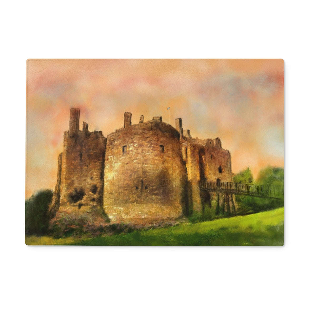 Dirleton Castle Art Gifts Glass Chopping Board | Historic & Iconic Scotland Art Gallery | Paintings, Prints, Homeware and Art Gifts From Scotland By Scottish Artist Kevin Hunter