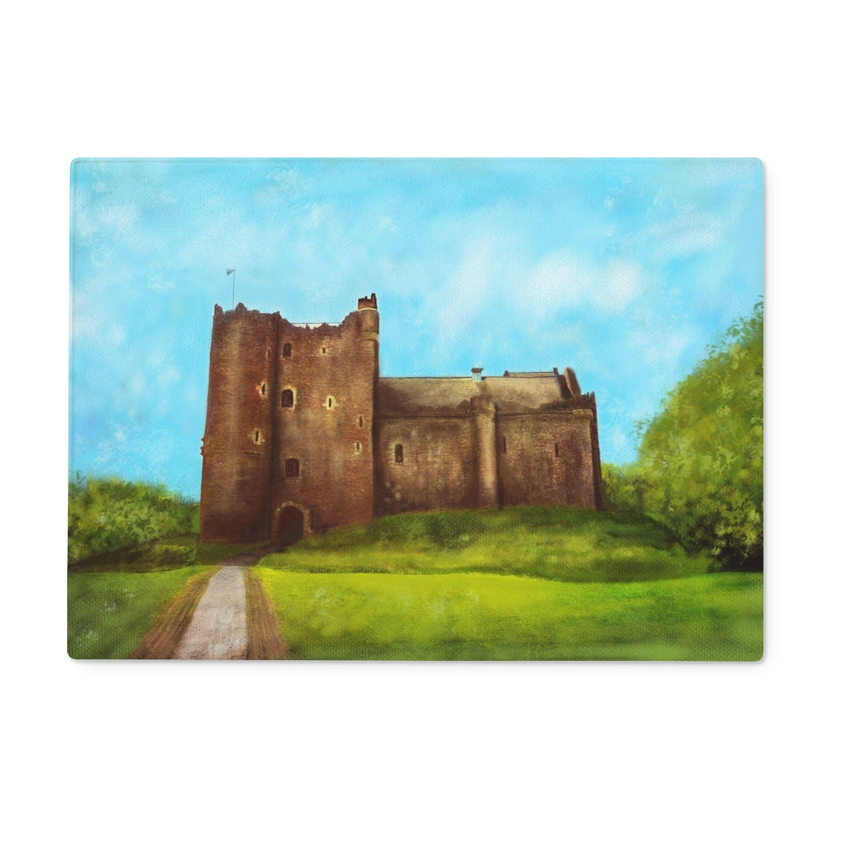 Doune Castle Art Gifts Glass Chopping Board | Historic & Iconic Scotland Art Gallery | Paintings, Prints, Homeware and Art Gifts From Scotland By Scottish Artist Kevin Hunter