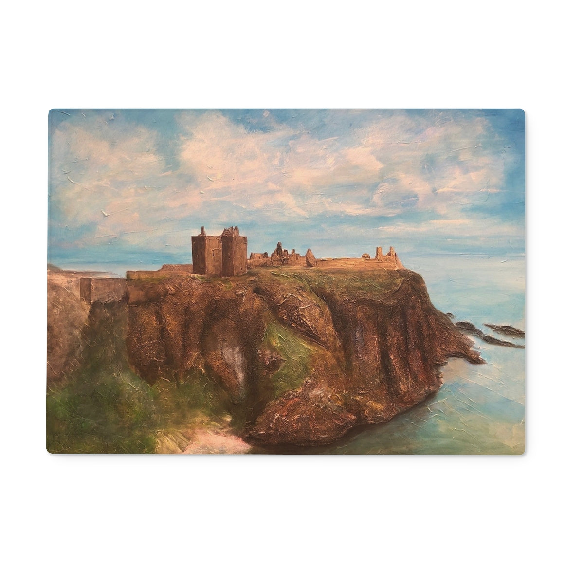 Dunnottar Castle Art Gifts Glass Chopping Board | Historic & Iconic Scotland Art Gallery | Paintings, Prints, Homeware and Art Gifts From Scotland By Scottish Artist Kevin Hunter