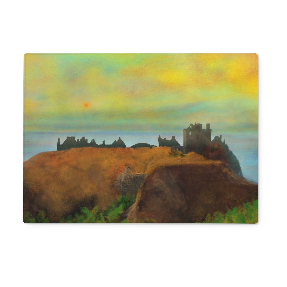 Dunnottar Castle Dusk Art Gifts Glass Chopping Board | Historic & Iconic Scotland Art Gallery | Paintings, Prints, Homeware and Art Gifts From Scotland By Scottish Artist Kevin Hunter