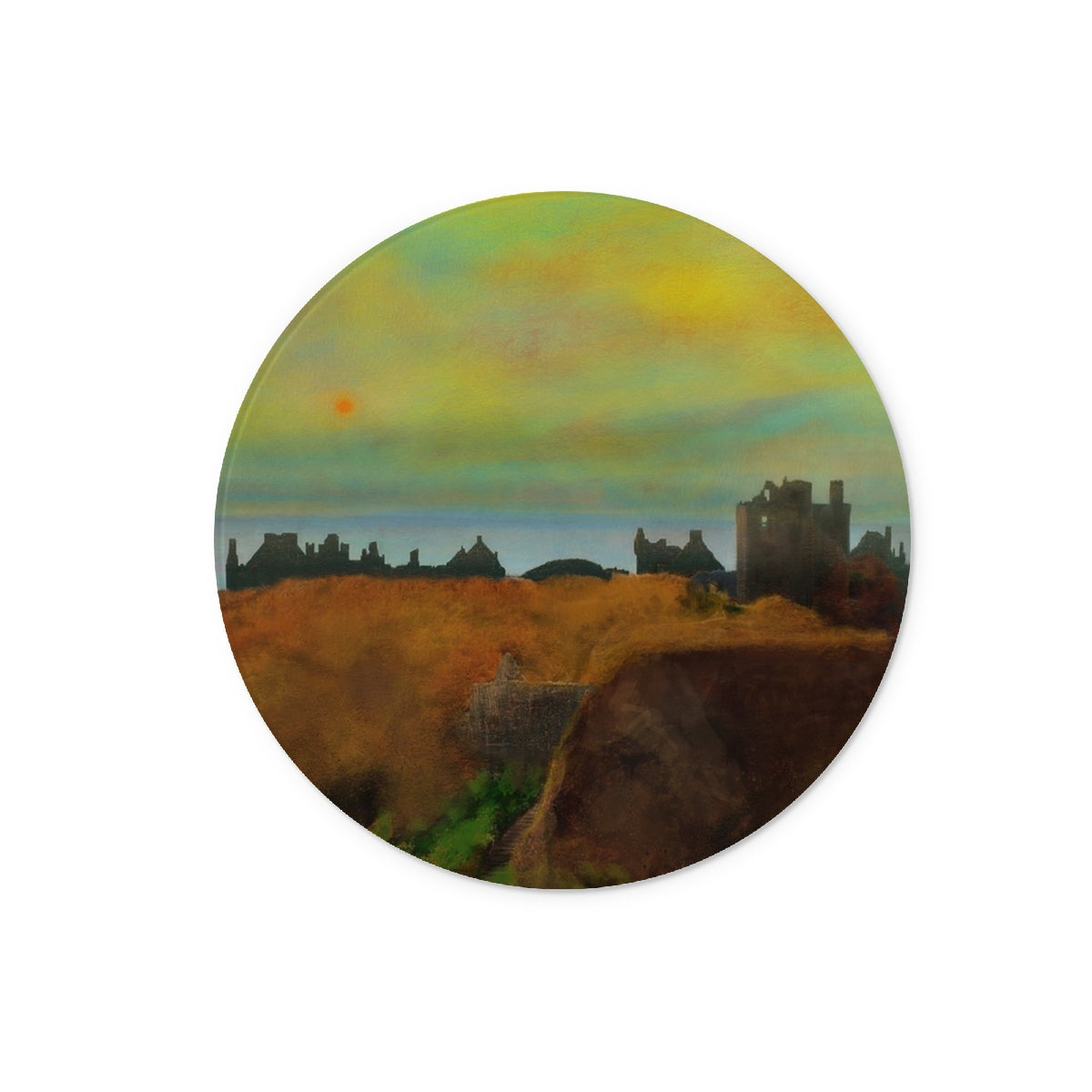 Dunnottar Castle Dusk Art Gifts Glass Chopping Board | Historic &amp; Iconic Scotland Art Gallery | Paintings, Prints, Homeware and Art Gifts From Scotland By Scottish Artist Kevin Hunter