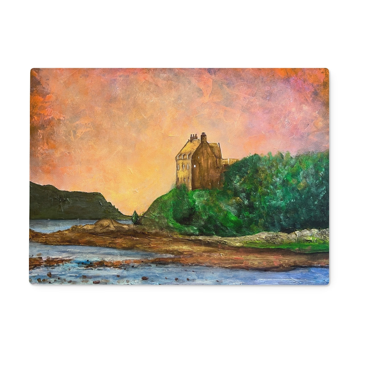 Duntrune Castle Art Gifts Glass Chopping Board | Historic & Iconic Scotland Art Gallery | Paintings, Prints, Homeware and Art Gifts From Scotland By Scottish Artist Kevin Hunter