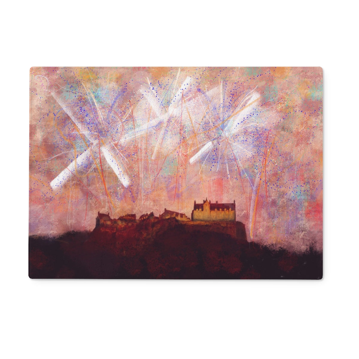 Edinburgh Castle Fireworks Art Gifts Glass Chopping Board | Edinburgh & Glasgow Art Gallery | Paintings, Prints, Homeware and Art Gifts From Scotland By Scottish Artist Kevin Hunter