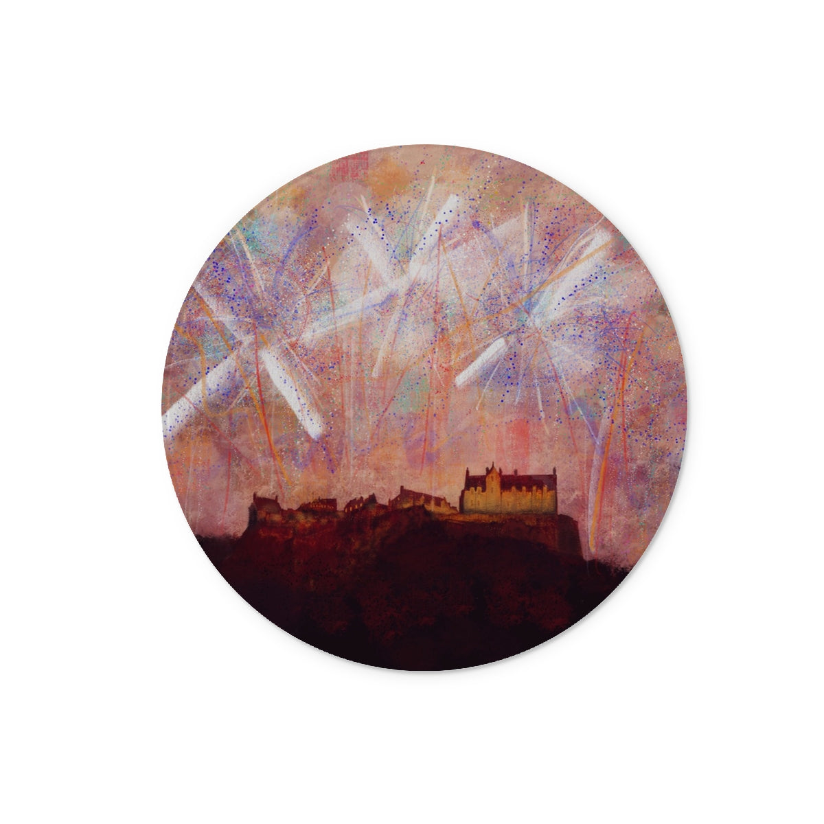 Edinburgh Castle Fireworks Art Gifts Glass Chopping Board | Edinburgh &amp; Glasgow Art Gallery | Paintings, Prints, Homeware and Art Gifts From Scotland By Scottish Artist Kevin Hunter