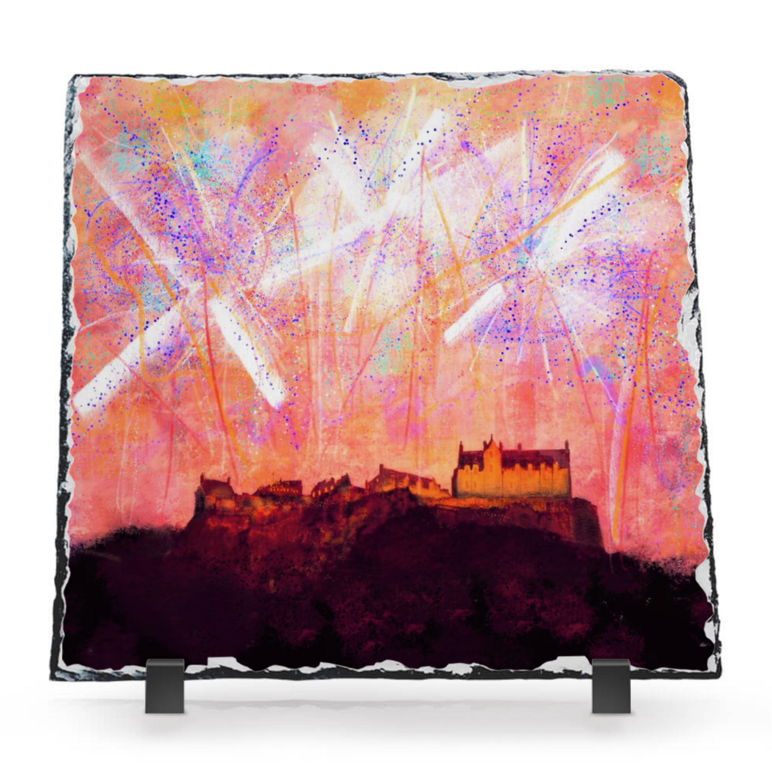 Edinburgh Castle Fireworks Scottish Slate Art | Edinburgh &amp; Glasgow Art Gallery | Paintings, Prints, Homeware and Art Gifts From Scotland By Scottish Artist Kevin Hunter