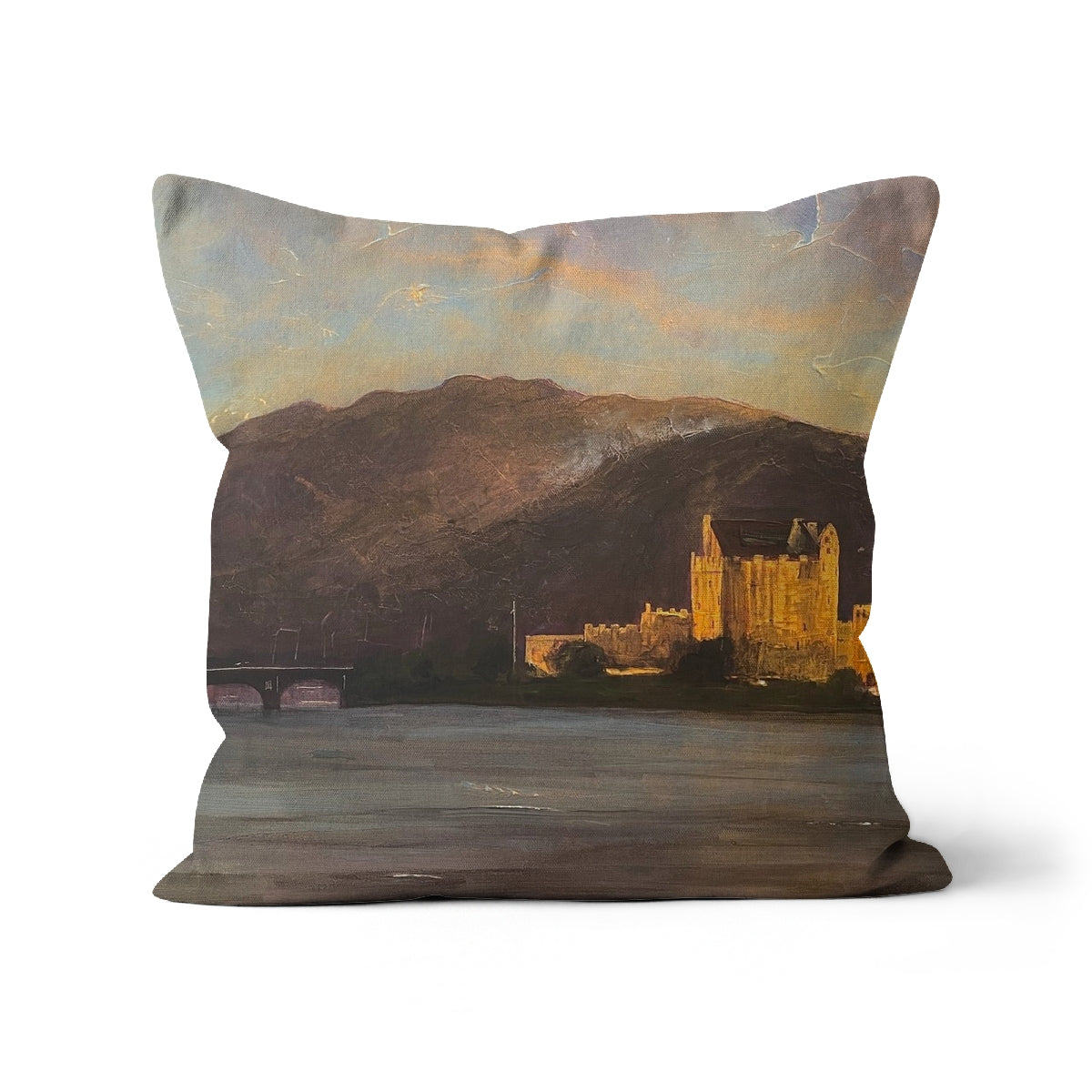 Eilean Donan Castle Art Gifts Cushion | Historic &amp; Iconic Scotland Art Gallery | Paintings, Prints, Homeware and Art Gifts From Scotland By Scottish Artist Kevin Hunter