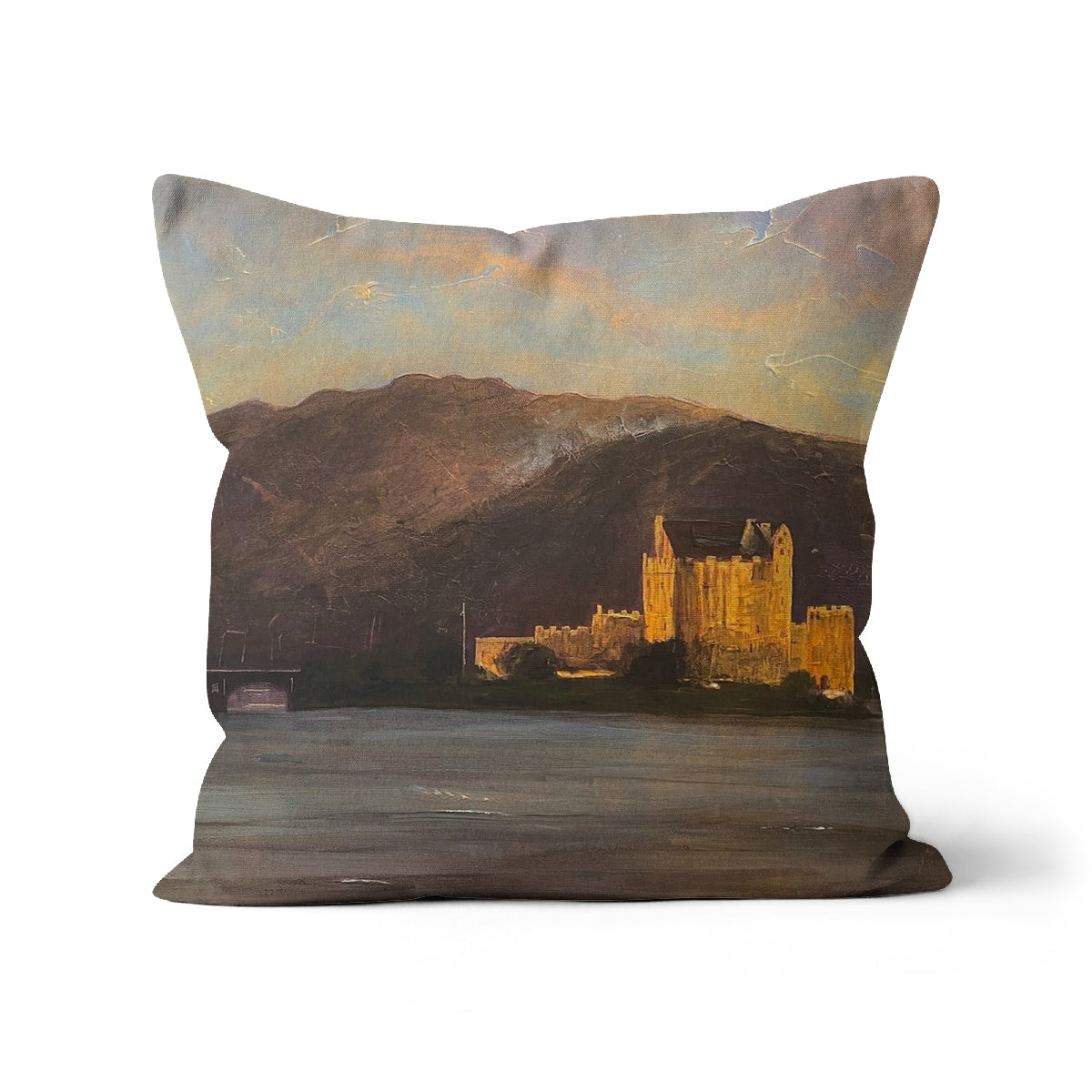 Eilean Donan Castle Art Gifts Cushion | Historic & Iconic Scotland Art Gallery | Paintings, Prints, Homeware and Art Gifts From Scotland By Scottish Artist Kevin Hunter