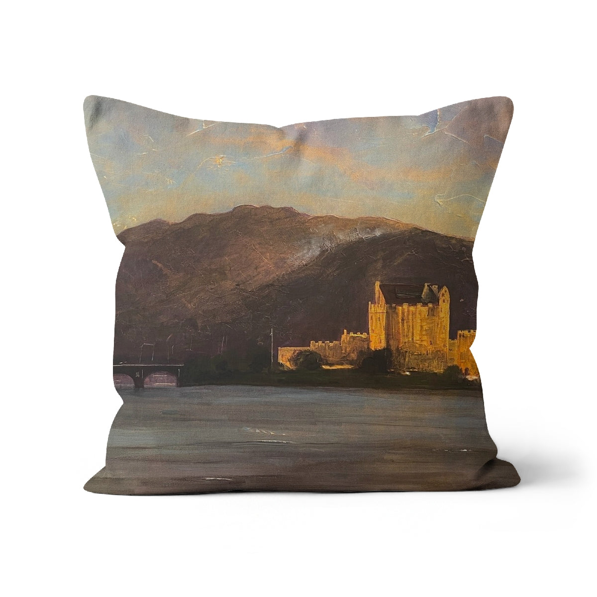 Eilean Donan Castle Art Gifts Cushion | Historic &amp; Iconic Scotland Art Gallery | Paintings, Prints, Homeware and Art Gifts From Scotland By Scottish Artist Kevin Hunter