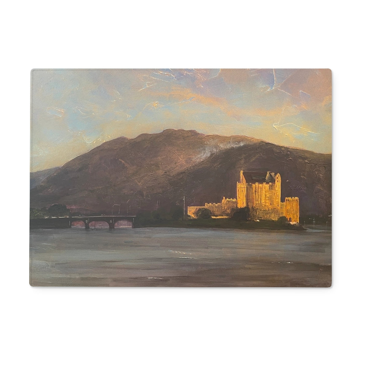 Eilean Donan Castle Art Gifts Glass Chopping Board | Historic & Iconic Scotland Art Gallery | Paintings, Prints, Homeware and Art Gifts From Scotland By Scottish Artist Kevin Hunter