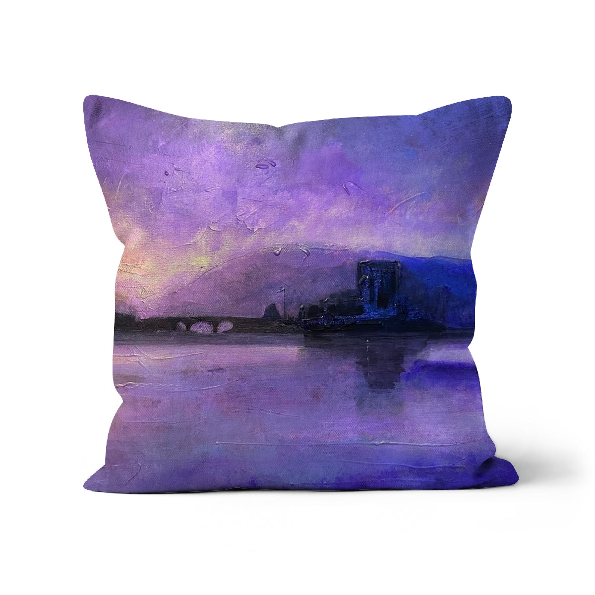 Eilean Donan Castle Moonset Art Gifts Cushion | Historic & Iconic Scotland Art Gallery | Paintings, Prints, Homeware and Art Gifts From Scotland By Scottish Artist Kevin Hunter