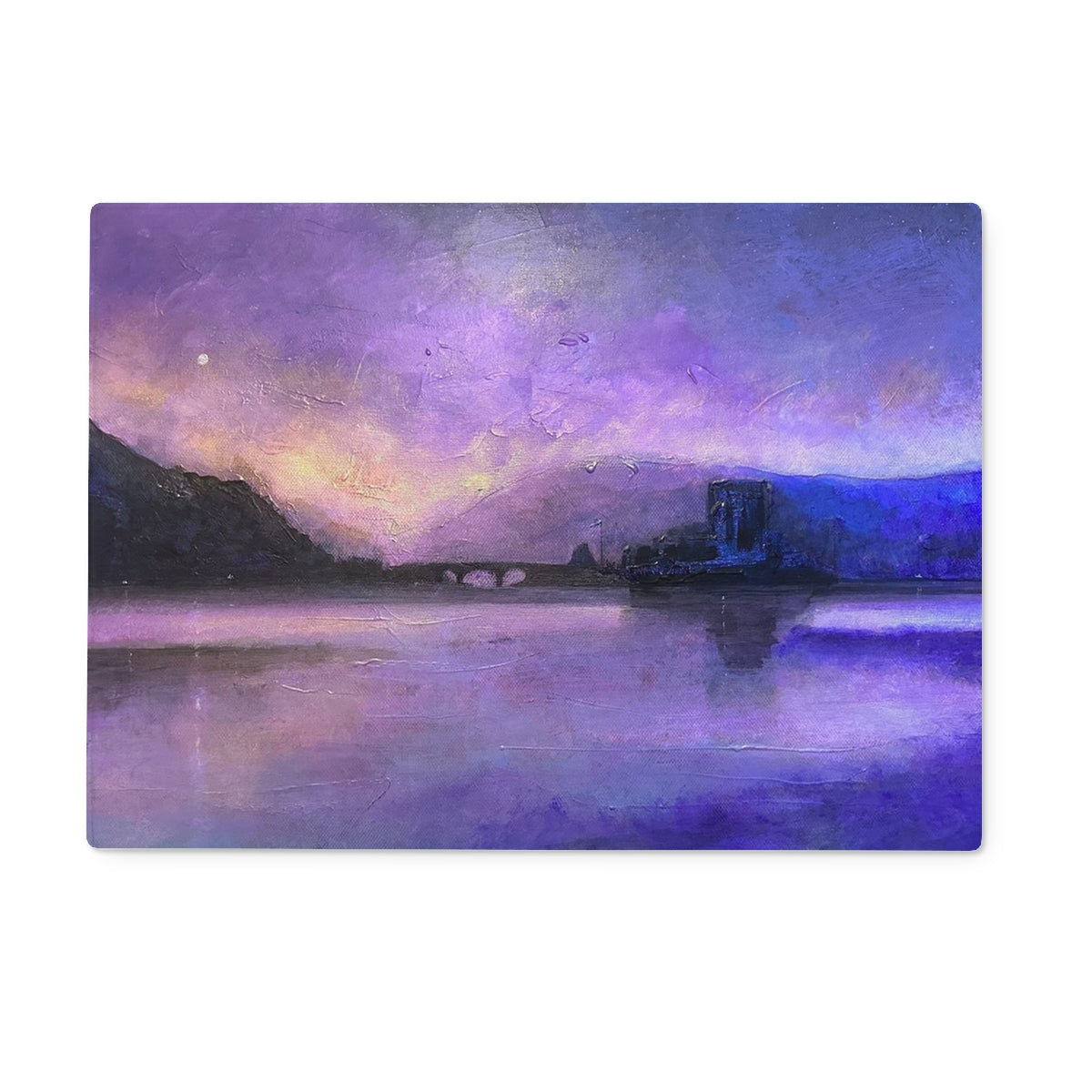 Eilean Donan Castle Moonset Art Gifts Glass Chopping Board | Historic & Iconic Scotland Art Gallery | Paintings, Prints, Homeware and Art Gifts From Scotland By Scottish Artist Kevin Hunter