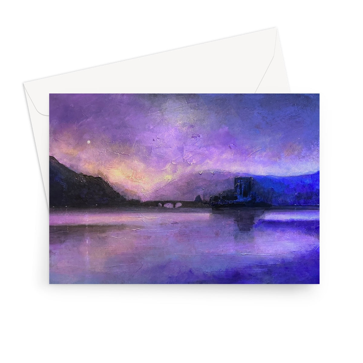 Eilean Donan Castle Moonset Scottish Art Gifts Greeting Card | Historic & Iconic Scotland Art Gallery | Paintings, Prints, Homeware and Art Gifts From Scotland By Scottish Artist Kevin Hunter