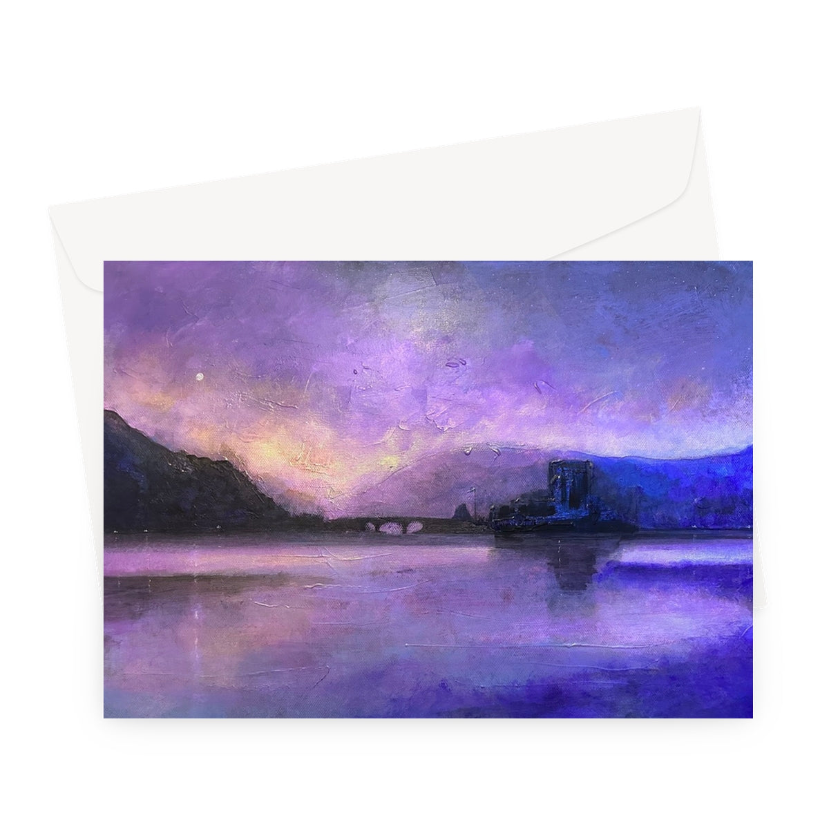 Eilean Donan Castle Moonset Scottish Art Gifts Greeting Card | Historic & Iconic Scotland Art Gallery | Paintings, Prints, Homeware and Art Gifts From Scotland By Scottish Artist Kevin Hunter