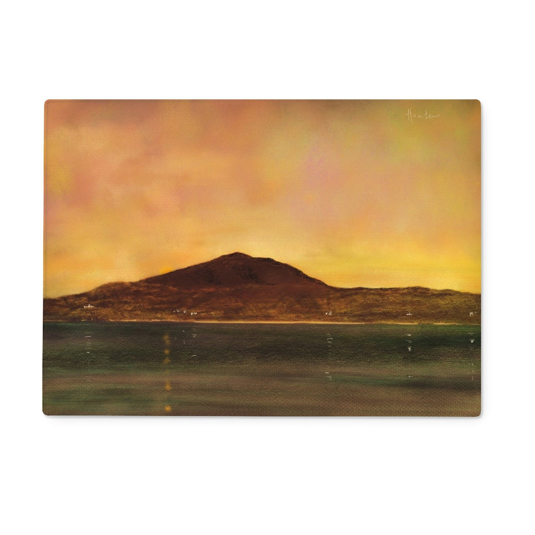 Eriskay Dusk Art Gifts Glass Chopping Board | Hebridean Islands Art Gallery | Paintings, Prints, Homeware and Art Gifts From Scotland By Scottish Artist Kevin Hunter