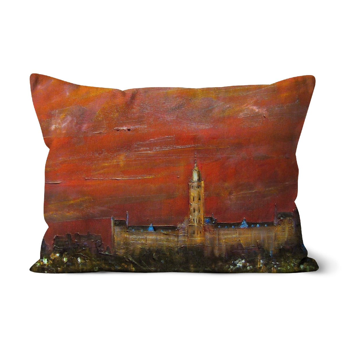 Glasgow University Dusk Art Gifts Cushion | Edinburgh & Glasgow Art Gallery | Paintings, Prints, Homeware and Art Gifts From Scotland By Scottish Artist Kevin Hunter