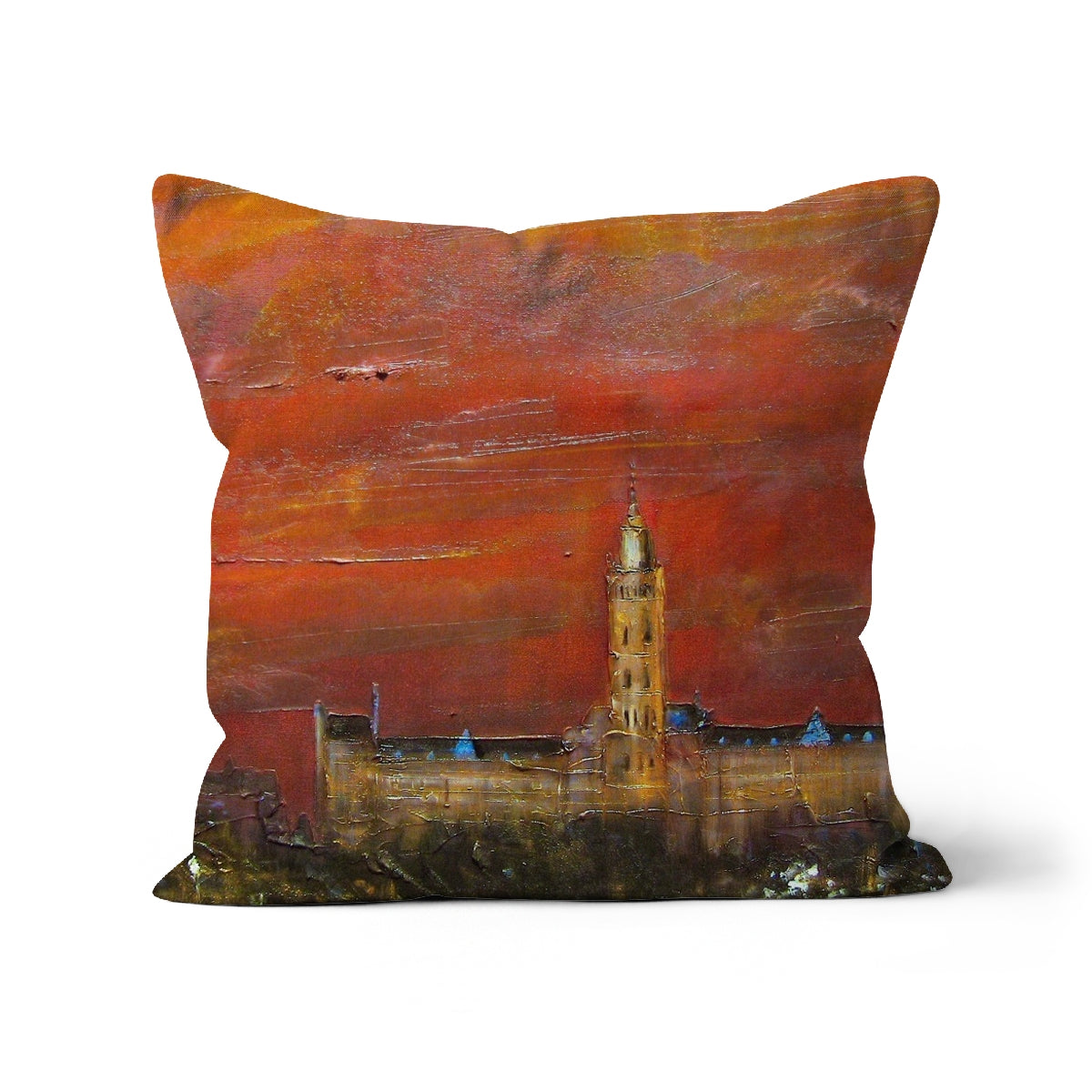 Glasgow University Dusk Art Gifts Cushion | Edinburgh & Glasgow Art Gallery | Paintings, Prints, Homeware and Art Gifts From Scotland By Scottish Artist Kevin Hunter