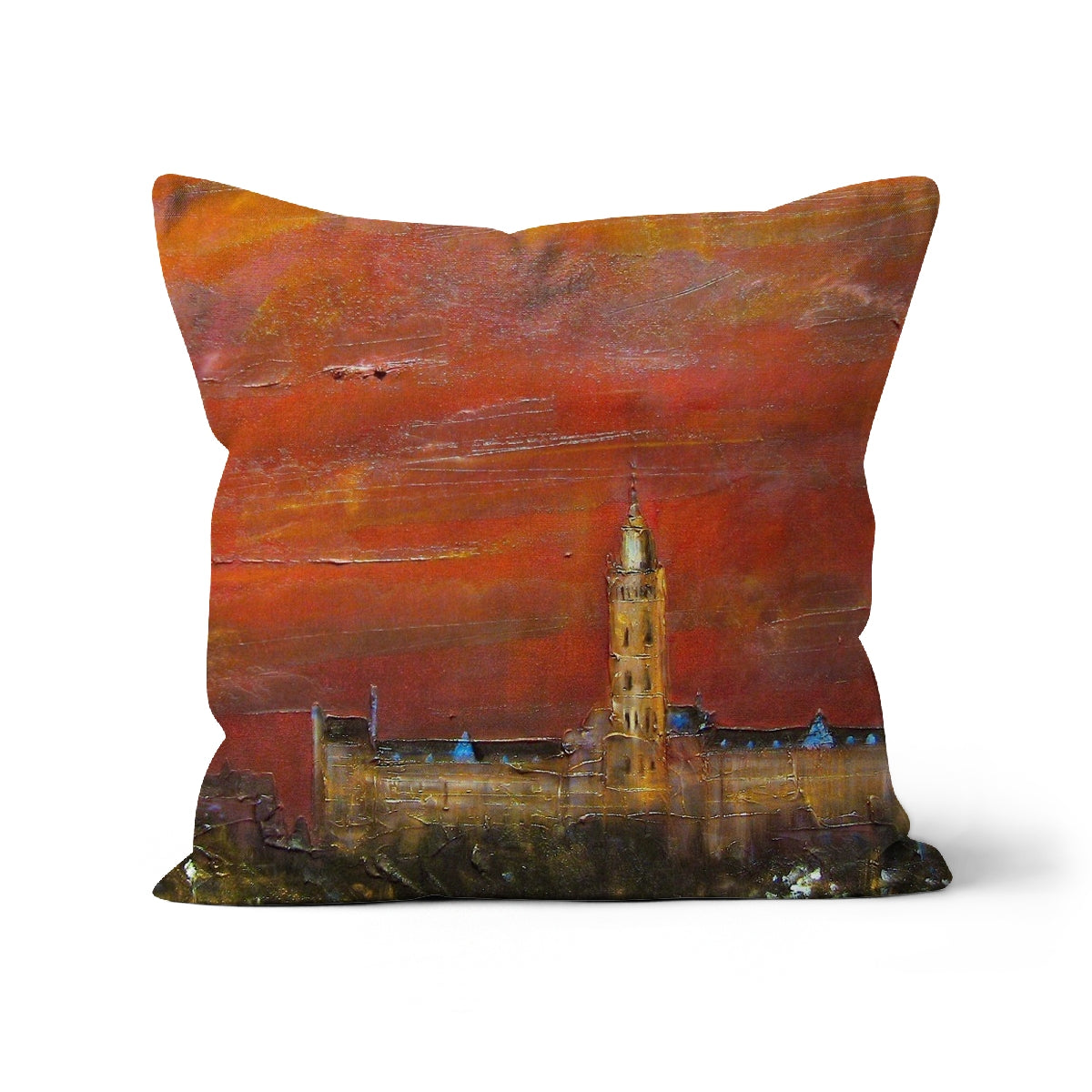 Glasgow University Dusk Art Gifts Cushion | Edinburgh & Glasgow Art Gallery | Paintings, Prints, Homeware and Art Gifts From Scotland By Scottish Artist Kevin Hunter