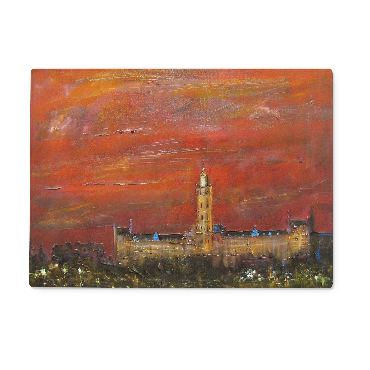 Glasgow University Dusk Art Gifts Glass Chopping Board | Edinburgh & Glasgow Art Gallery | Paintings, Prints, Homeware and Art Gifts From Scotland By Scottish Artist Kevin Hunter