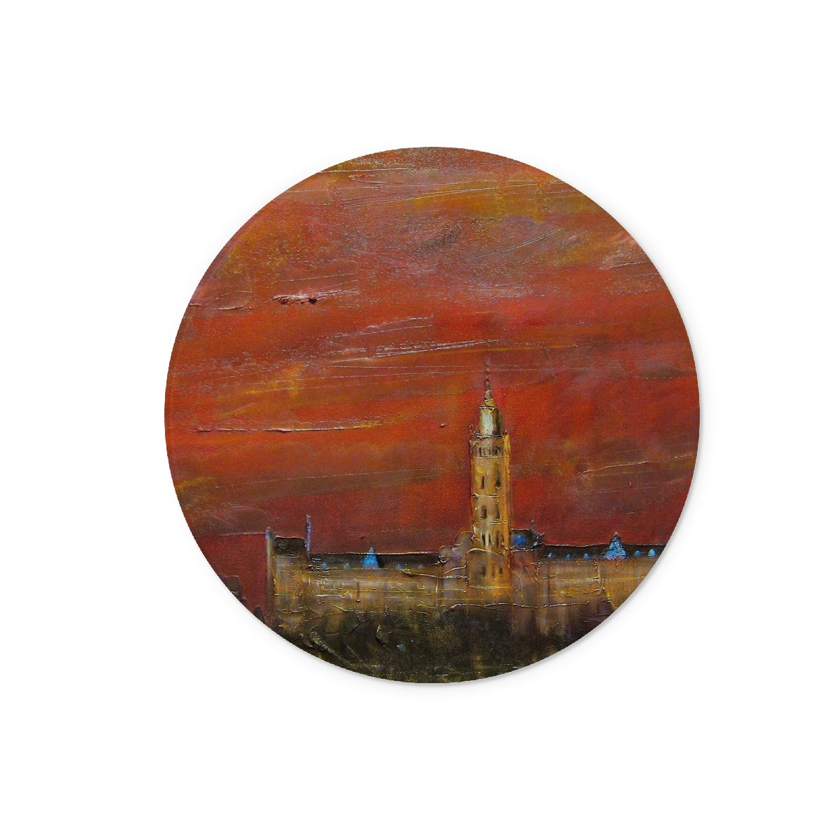 Glasgow University Dusk Art Gifts Glass Chopping Board | Edinburgh &amp; Glasgow Art Gallery | Paintings, Prints, Homeware and Art Gifts From Scotland By Scottish Artist Kevin Hunter