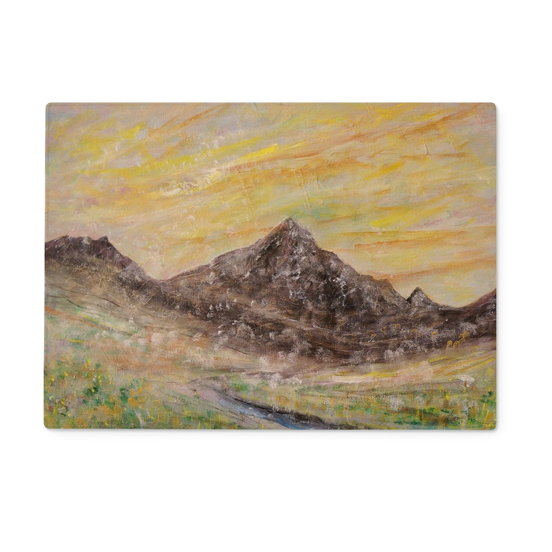 Glen Rosa Mist Arran Art Gifts Glass Chopping Board | Arran Art Gallery | Paintings, Prints, Homeware and Art Gifts From Scotland By Scottish Artist Kevin Hunter