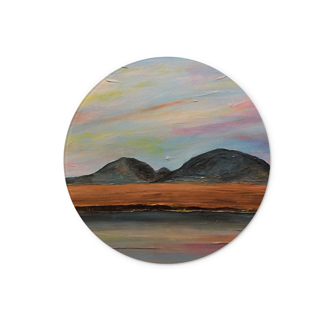 Jura Dawn Art Gifts Glass Chopping Board | Hebridean Islands Art Gallery | Paintings, Prints, Homeware and Art Gifts From Scotland By Scottish Artist Kevin Hunter