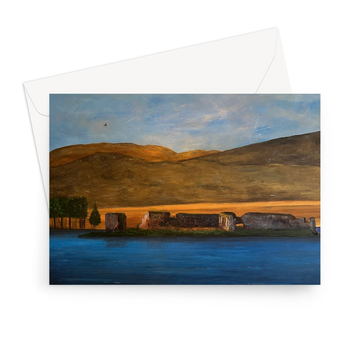 Lochindorb Castle Scottish Art Gifts Greeting Card | Scottish Lochs &amp; Mountains Art Gallery | Paintings, Prints, Homeware and Art Gifts From Scotland By Scottish Artist Kevin Hunter