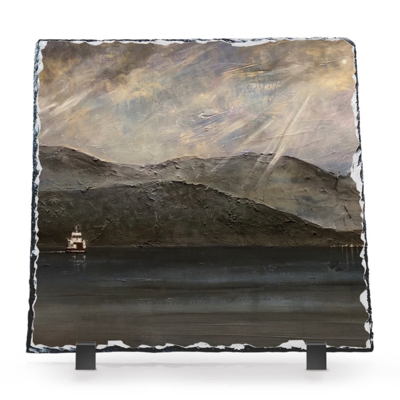 Lochranza Moonlit Ferry Arran Scottish Scottish Slate Art | Arran Art Gallery | Paintings, Prints, Homeware and Art Gifts From Scotland By Scottish Artist Kevin Hunter