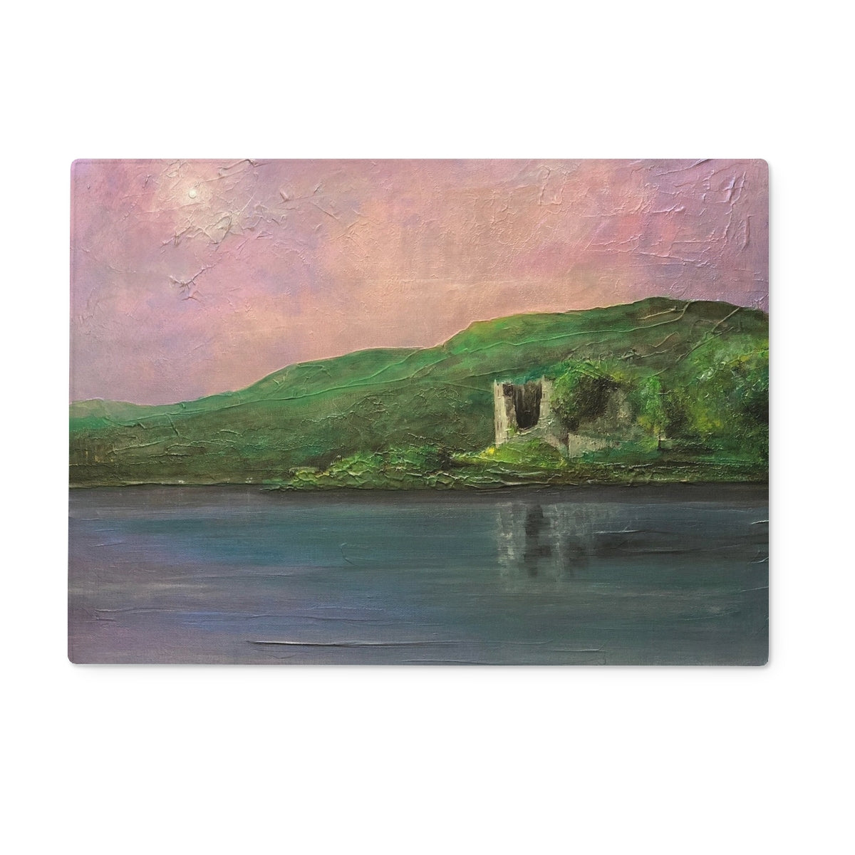 Old Castle Lachlan Art Gifts Glass Chopping Board | Historic & Iconic Scotland Art Gallery | Paintings, Prints, Homeware and Art Gifts From Scotland By Scottish Artist Kevin Hunter