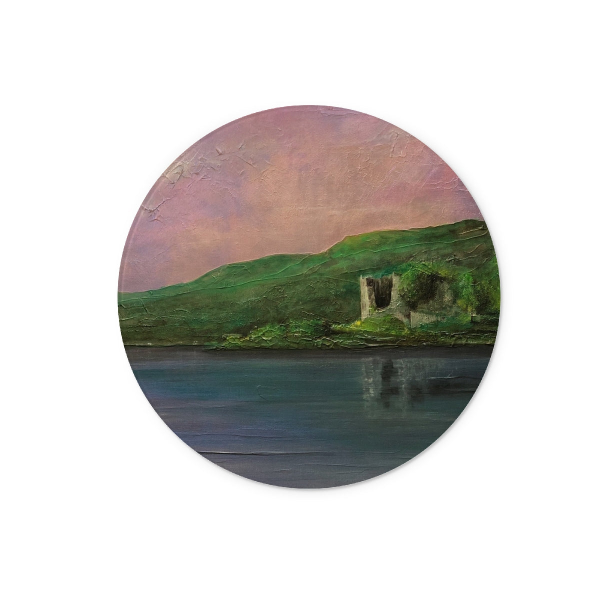 Old Castle Lachlan Art Gifts Glass Chopping Board | Historic & Iconic Scotland Art Gallery | Paintings, Prints, Homeware and Art Gifts From Scotland By Scottish Artist Kevin Hunter