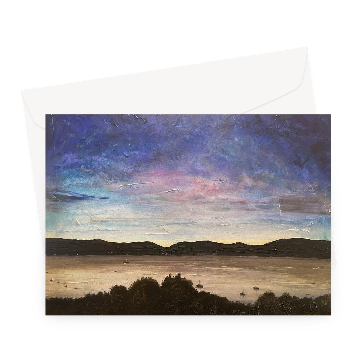 River Clyde Twilight Scottish Art Gifts Greeting Card | River Clyde Art Gallery | Paintings, Prints, Homeware and Art Gifts From Scotland By Scottish Artist Kevin Hunter