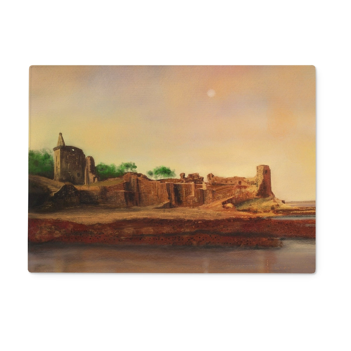 St Andrews Castle Art Gifts Glass Chopping Board | Historic & Iconic Scotland Art Gallery | Paintings, Prints, Homeware and Art Gifts From Scotland By Scottish Artist Kevin Hunter