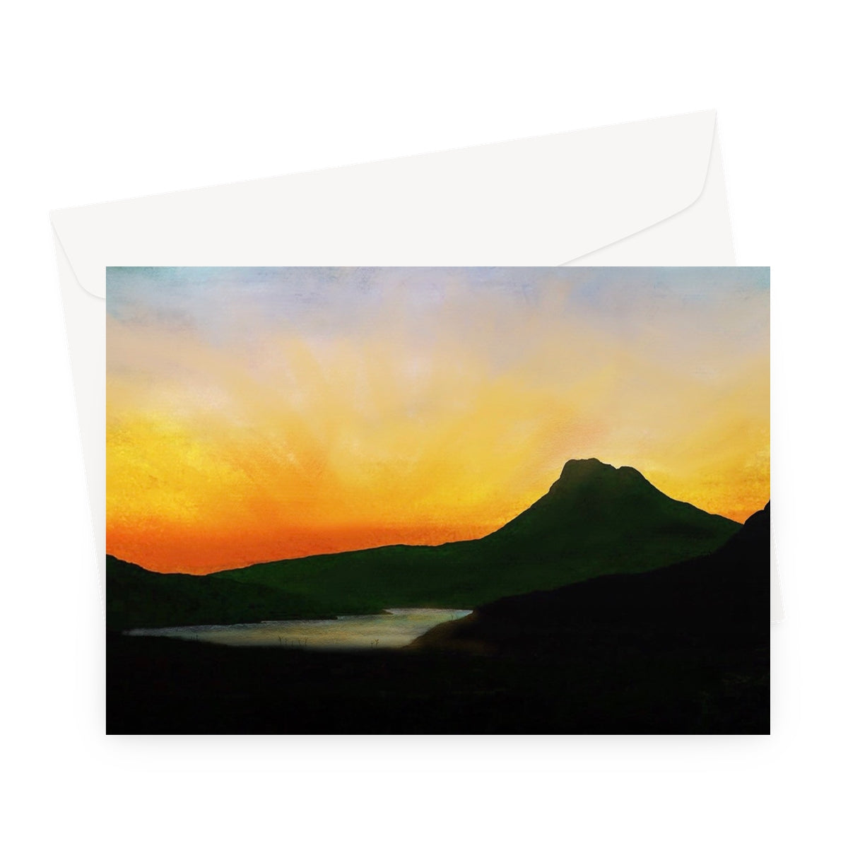 Stac Pollaidh Dusk Scottish Art Gifts Greeting Card | Scottish Lochs & Mountains Art Gallery | Paintings, Prints, Homeware and Art Gifts From Scotland By Scottish Artist Kevin Hunter