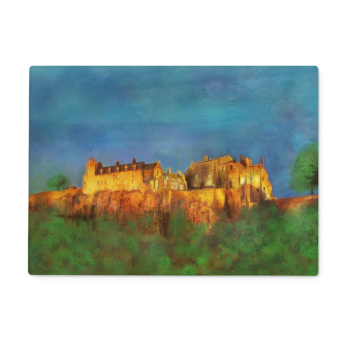 Stirling Castle Art Gifts Glass Chopping Board | Historic & Iconic Scotland Art Gallery | Paintings, Prints, Homeware and Art Gifts From Scotland By Scottish Artist Kevin Hunter