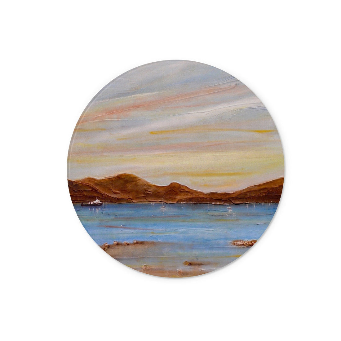 The Last Ferry To Dunoon Art Gifts Glass Chopping Board | River Clyde Art Gallery | Paintings, Prints, Homeware and Art Gifts From Scotland By Scottish Artist Kevin Hunter