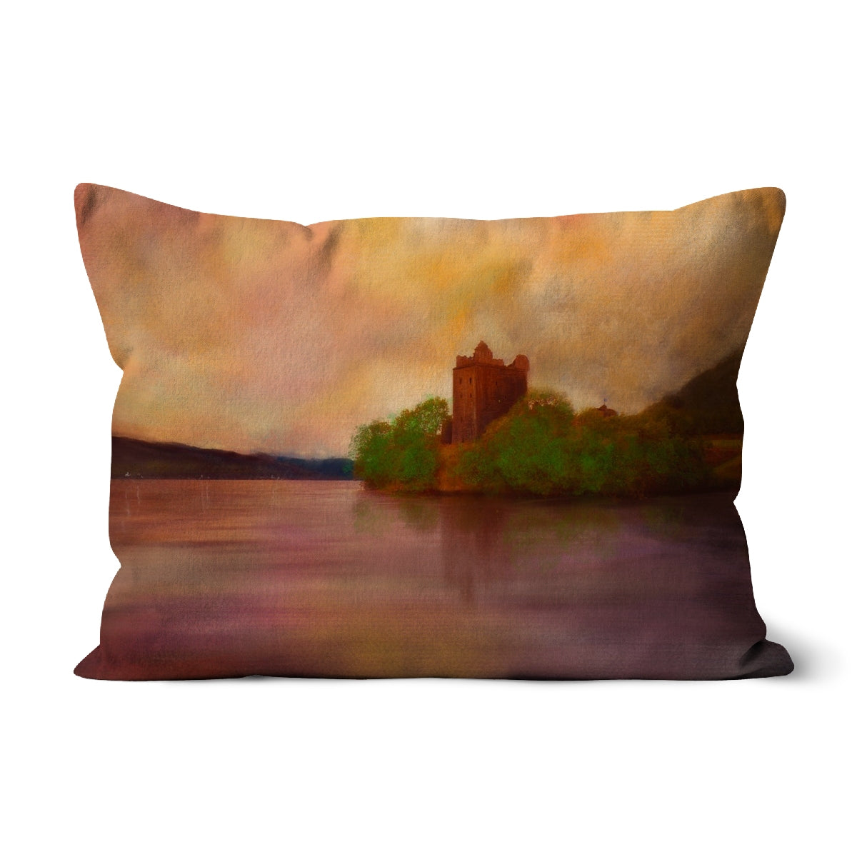 Urquhart Castle Art Gifts Cushion | Historic & Iconic Scotland Art Gallery | Paintings, Prints, Homeware and Art Gifts From Scotland By Scottish Artist Kevin Hunter