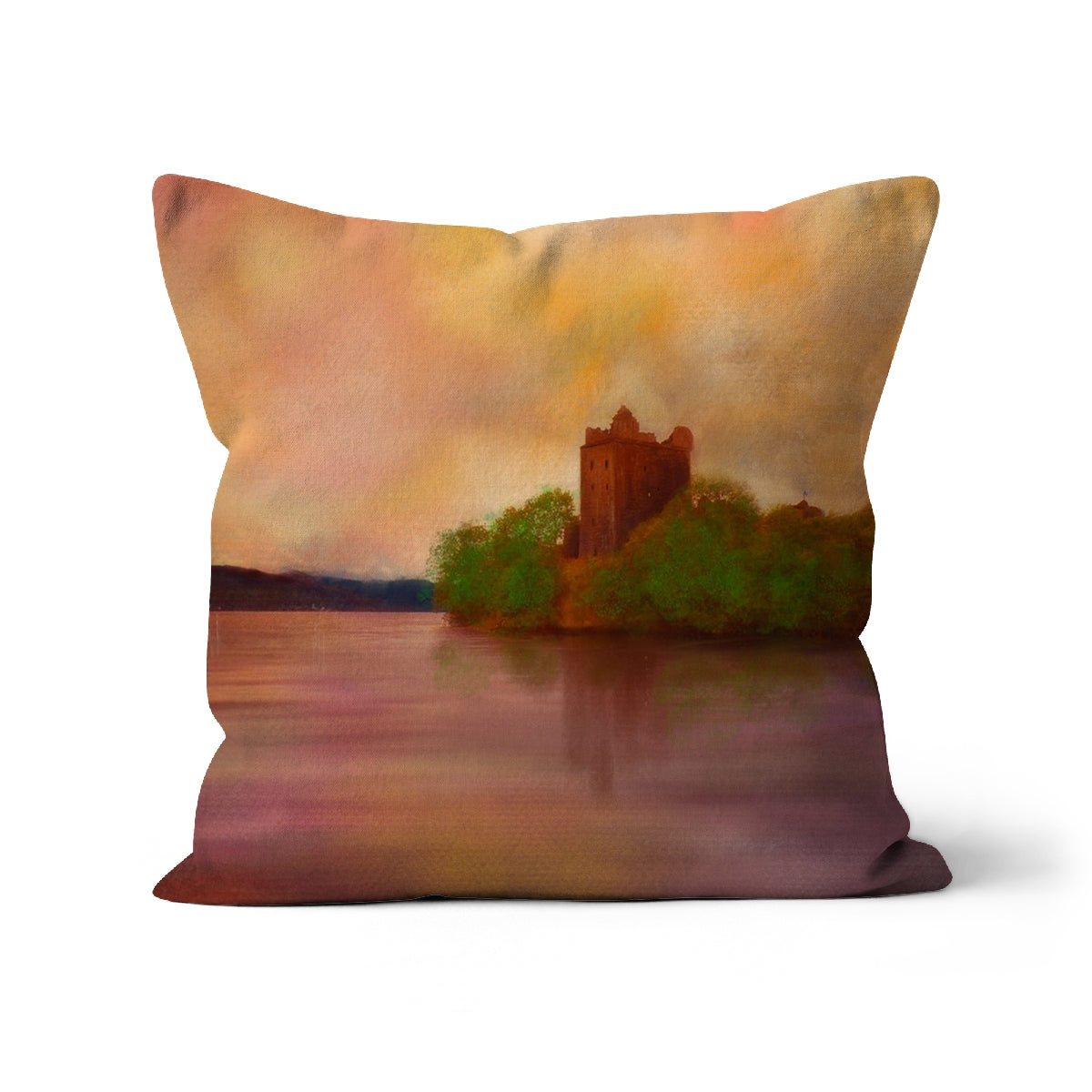 Urquhart Castle Art Gifts Cushion | Historic &amp; Iconic Scotland Art Gallery | Paintings, Prints, Homeware and Art Gifts From Scotland By Scottish Artist Kevin Hunter