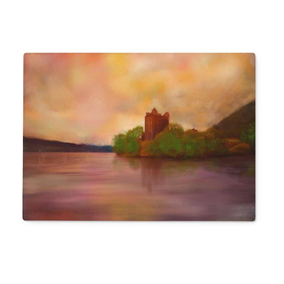 Urquhart Castle Art Gifts Glass Chopping Board | Historic & Iconic Scotland Art Gallery | Paintings, Prints, Homeware and Art Gifts From Scotland By Scottish Artist Kevin Hunter